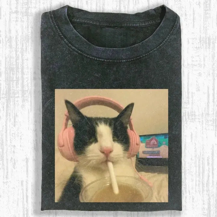 Wacky Cat with Pink Headphones & Straw T-shirt