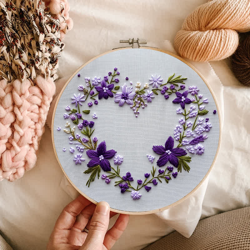 Rubbyoo Embroidery Kit - Purple Floral Heart Wreath
