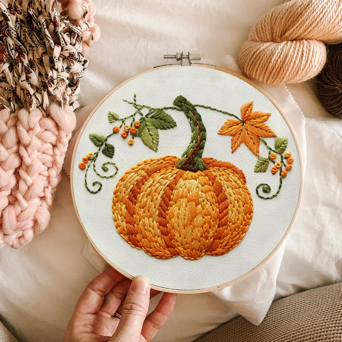 Rubbyoo Embroidery Kit- Pumpkin Easy Embroidery Kit For Beginners | Cozy Crafts