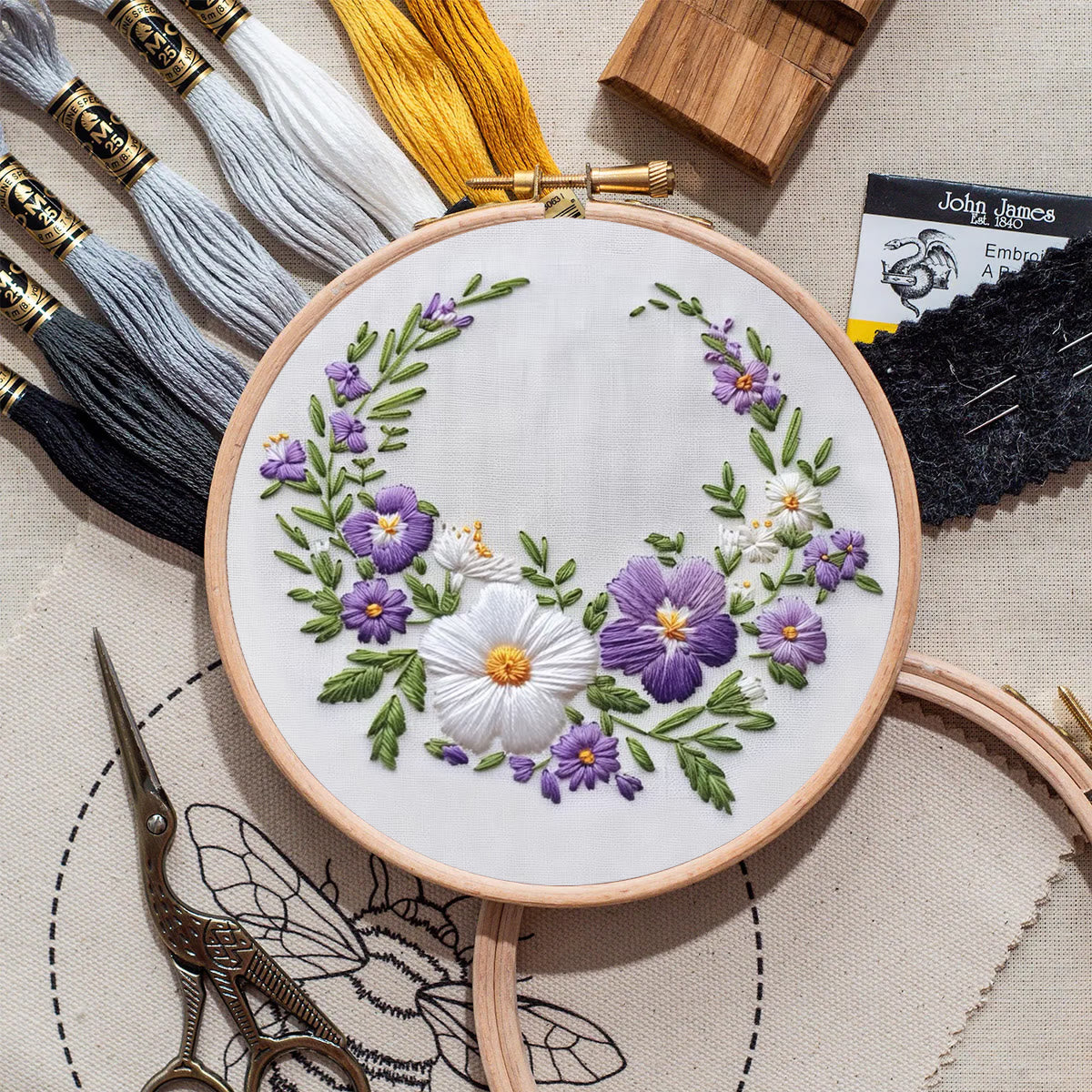 Rubbyoo Embroidery Kit- White And Purple Garland | For Craft Lover Hand Stitch