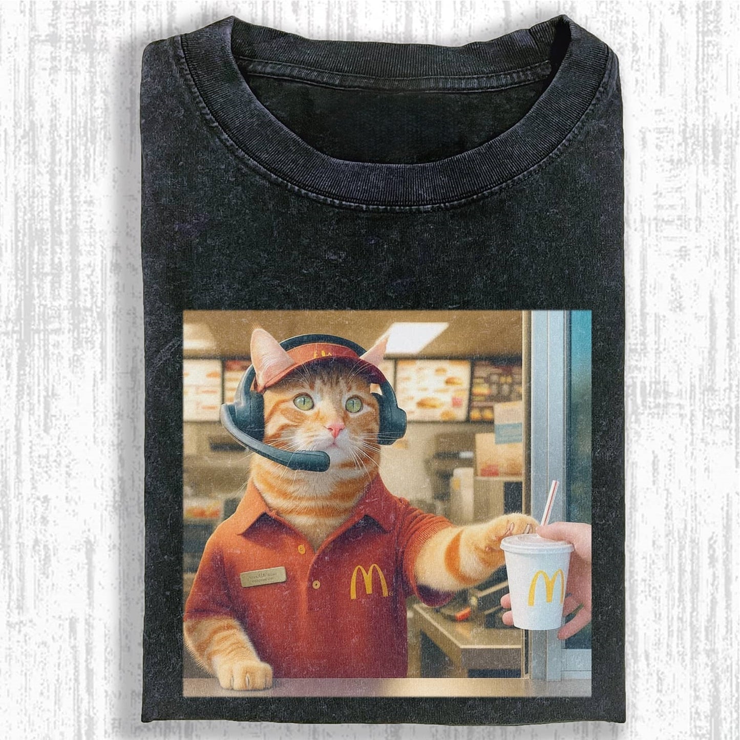 Wacky McDonalds Cat Employee T-shirt