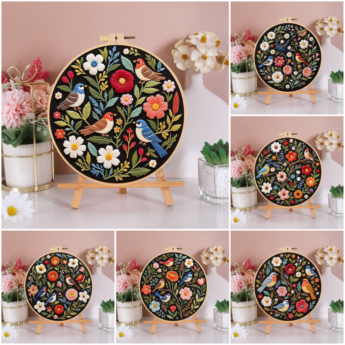 Birds And Blooms Dark Fabric - Themed DIY Embroidery Kits
