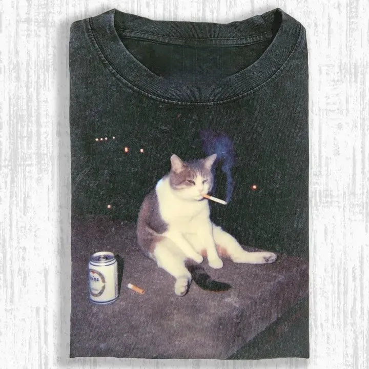 Wacky Cat with Cigarette & Beer Can T-shirt