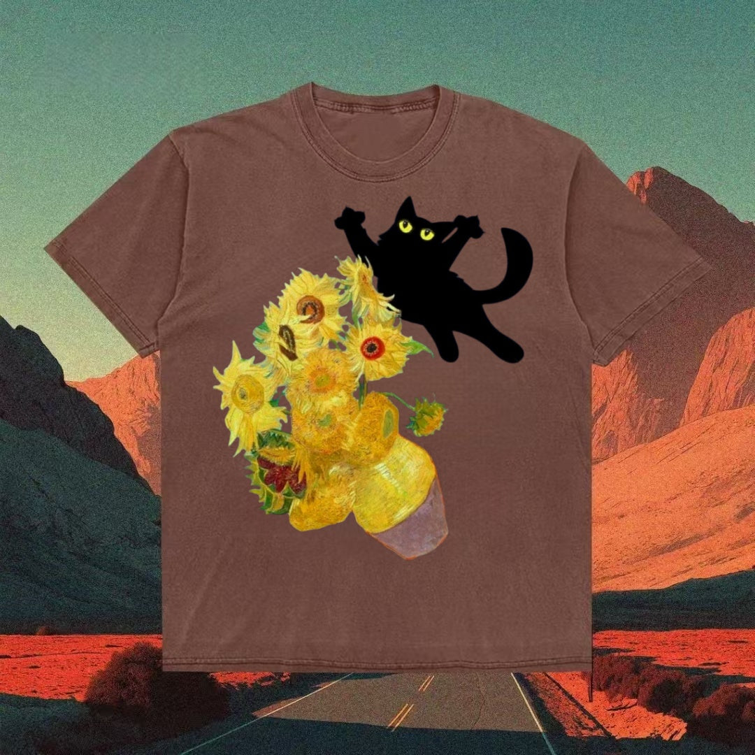Van Gogh Sunflowers & Black Cat Parody T-shirt