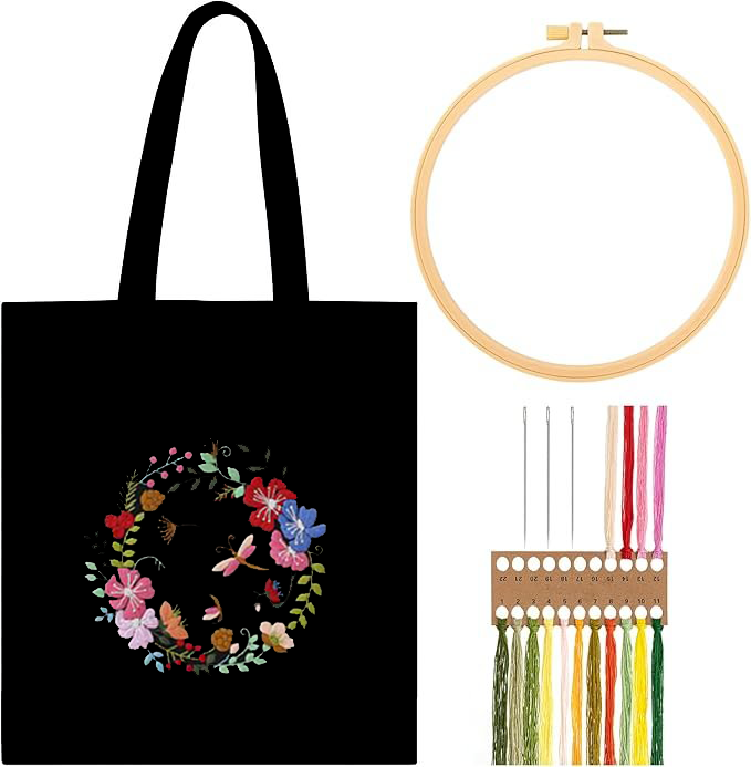 Floral Wreath Charm Canvas Bag: Embroider Your Unique Style