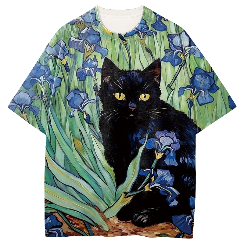 Irises Black Cat Graphic Print T-Shirt