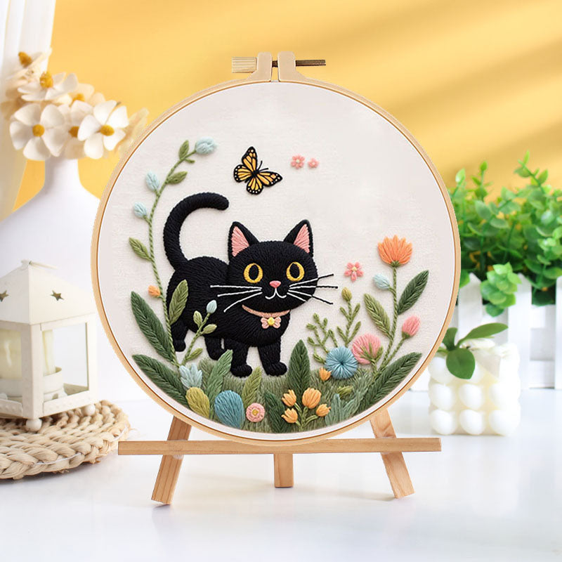 Playful Black Cat Embroidery Kit