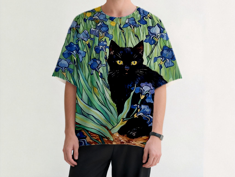 Irises Black Cat Graphic Print T-Shirt
