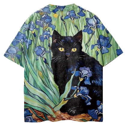 Irises Black Cat Graphic Print T-Shirt