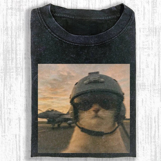 Wacky Pilot Cat with Fighter Jet T-shirt