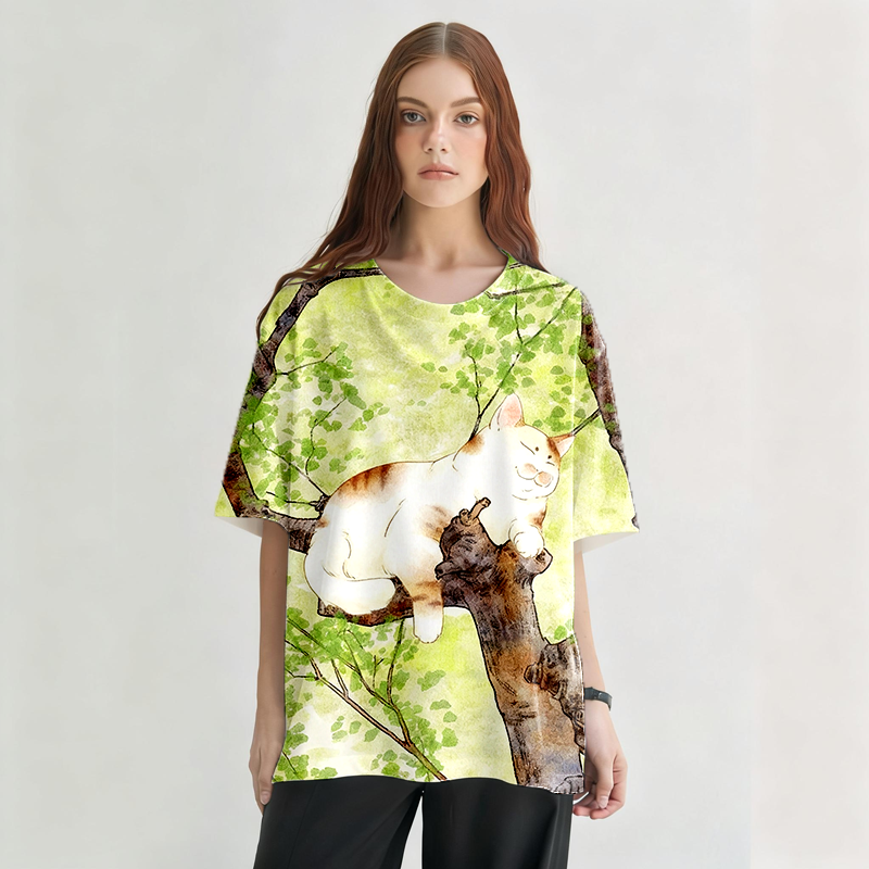 Cat On The Tree Graphic Print T-Shirt