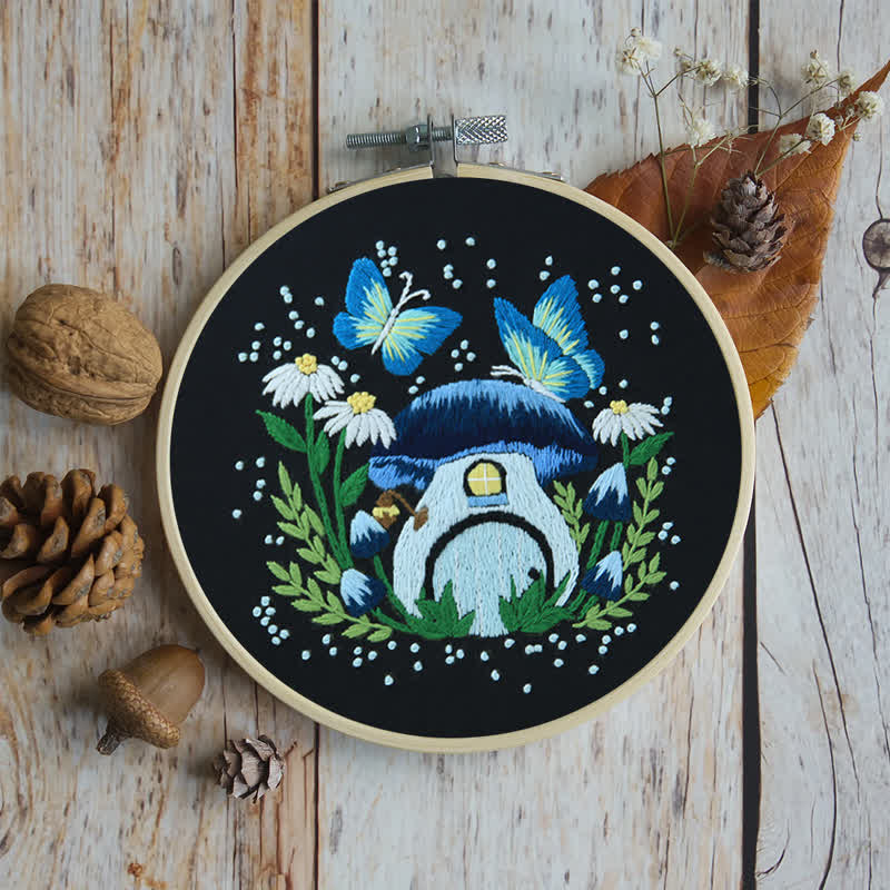 Rubbyoo Embroidery Kit - Blue Dreamy Glowing Mushroom House