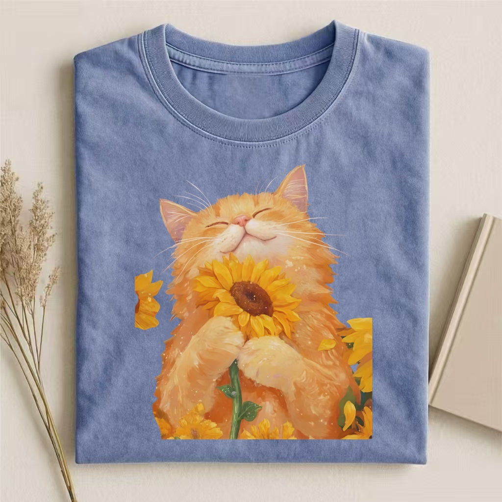 Orange Cat With Sunflower Watercolor T-shirt