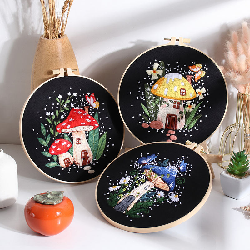 Enchanted Mushroom and Pumpkin House Embroidery Kit: Create Your Fairytale Haven