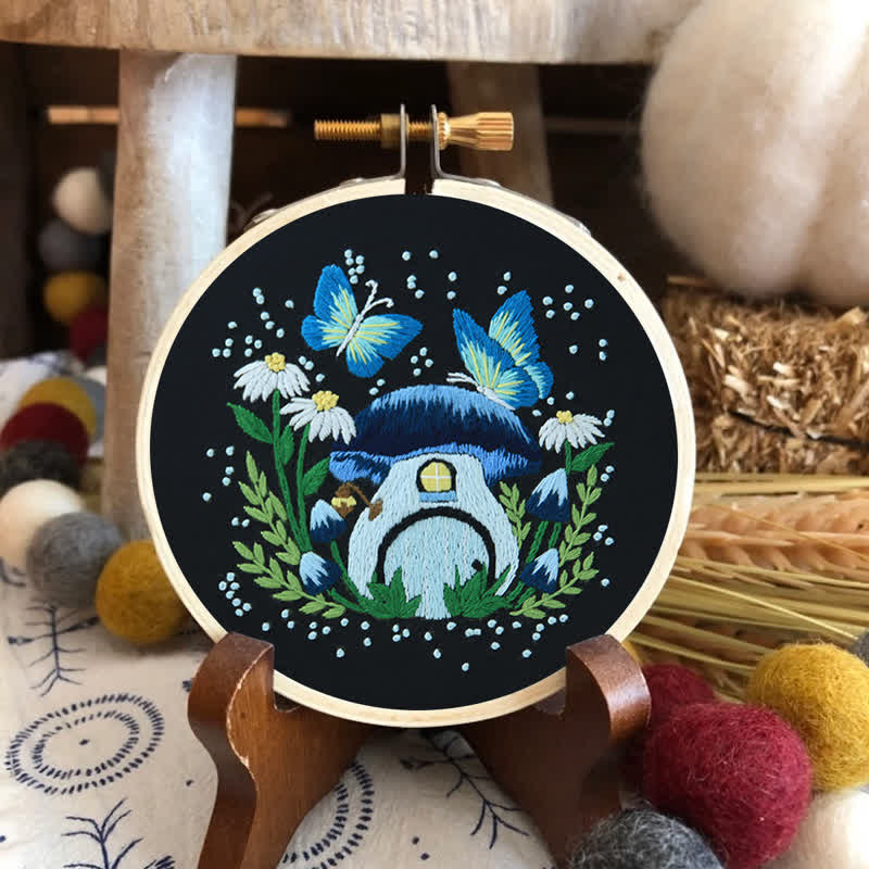 Rubbyoo Embroidery Kit - Blue Dreamy Glowing Mushroom House