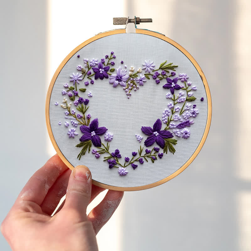 Rubbyoo Embroidery Kit - Purple Floral Heart Wreath