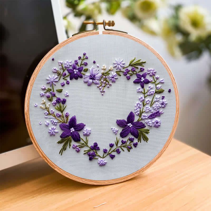 Rubbyoo Embroidery Kit - Purple Floral Heart Wreath