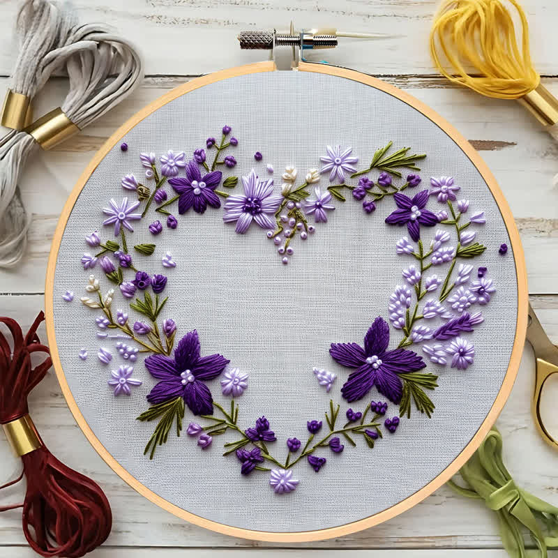 Rubbyoo Embroidery Kit - Purple Floral Heart Wreath