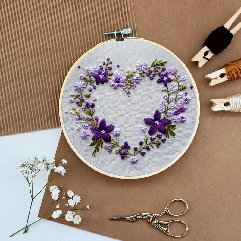 Rubbyoo Embroidery Kit - Purple Floral Heart Wreath