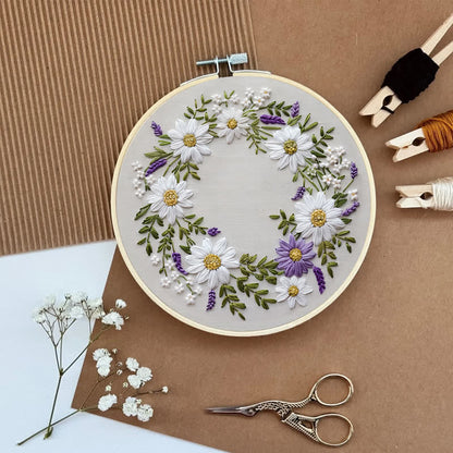 Rubbyoo Embroidery Kit - Daisy and Purple Floral Wreath