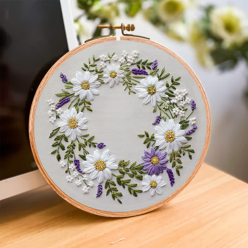Rubbyoo Embroidery Kit - Daisy and Purple Floral Wreath