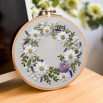 Rubbyoo Embroidery Kit - Daisy and Purple Floral Wreath