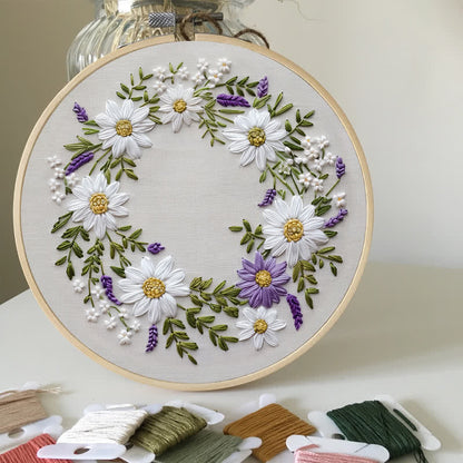 Rubbyoo Embroidery Kit - Daisy and Purple Floral Wreath