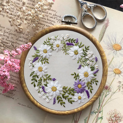 Rubbyoo Embroidery Kit - Daisy and Purple Floral Wreath
