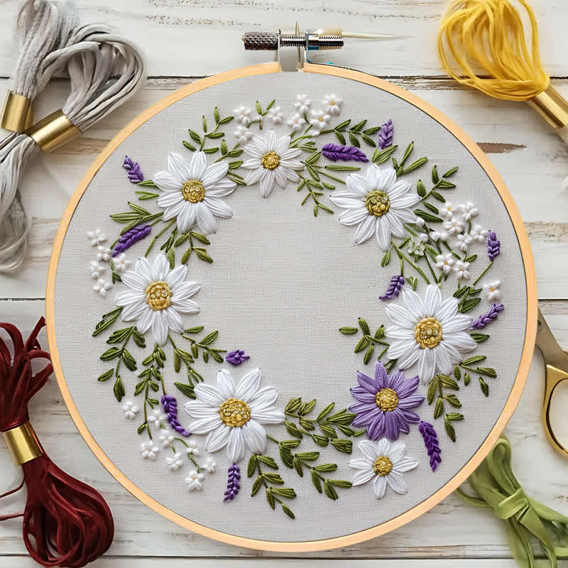 Rubbyoo Embroidery Kit - Daisy and Purple Floral Wreath