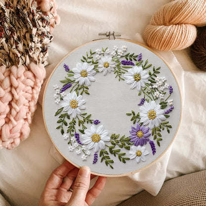 Rubbyoo Embroidery Kit - Daisy and Purple Floral Wreath