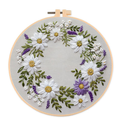 Rubbyoo Embroidery Kit - Daisy and Purple Floral Wreath