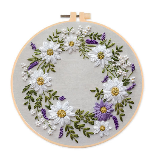 Rubbyoo Embroidery Kit - Daisy and Purple Floral Wreath