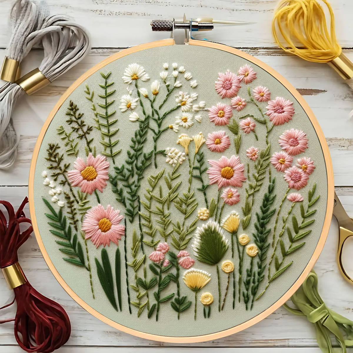 Rubbyoo Embroidery Kit- Simple Wildflowers Easy Embroidery Kit for Beginners | Wall Decor
