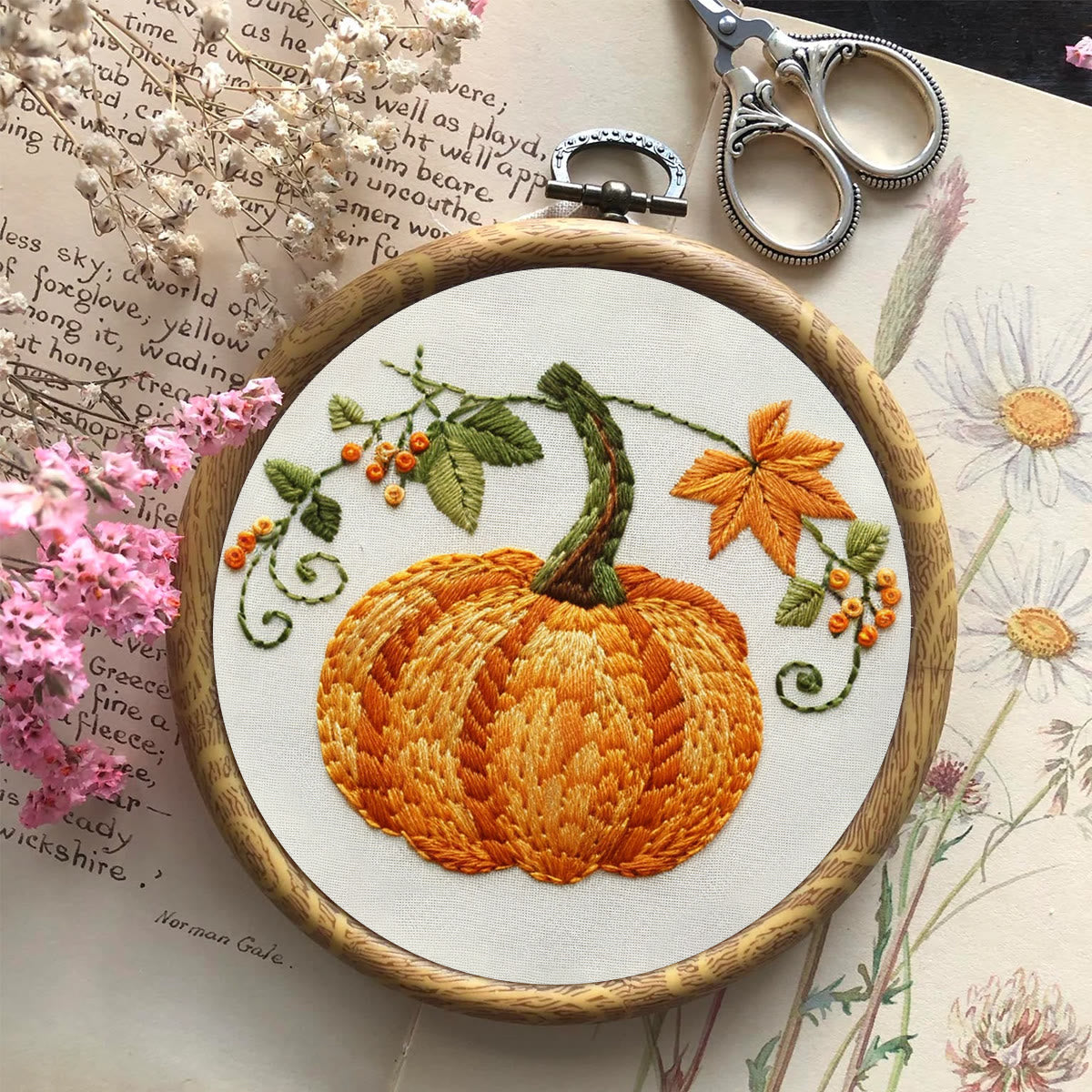 Rubbyoo Embroidery Kit- Pumpkin Easy  Embroidery Kit For Beginners | Cozy Crafts