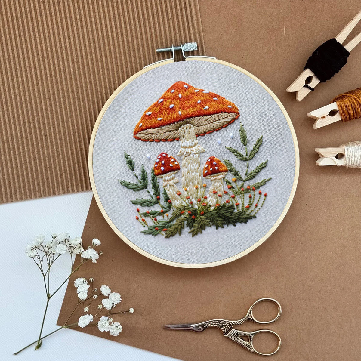 Rubbyoo Embroidery Kit- Mushrooms  Easy  Embroidery Kit For Beginners | Autumn Crafts