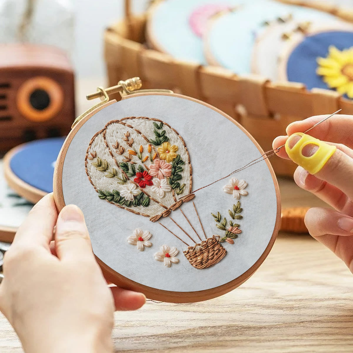 Rubbyoo Embroidery Kit-Floral Hot Air Balloon  Easy  Embroidery Kit For Beginners | Autumn Crafts