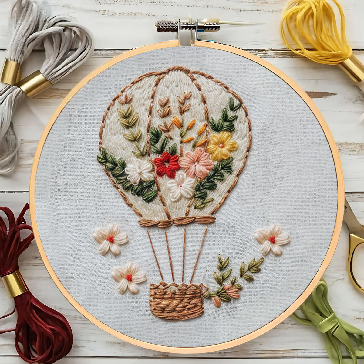 Rubbyoo Embroidery Kit-Floral Hot Air Balloon  Easy  Embroidery Kit For Beginners | Autumn Crafts