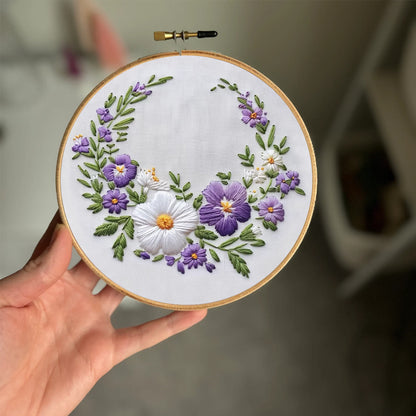Rubbyoo Embroidery Kit- White And Purple Garland | For Craft Lover Hand Stitch