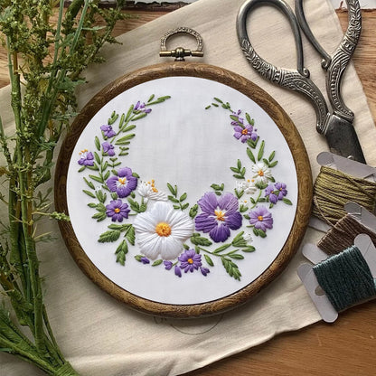 Rubbyoo Embroidery Kit- White And Purple Garland | For Craft Lover Hand Stitch