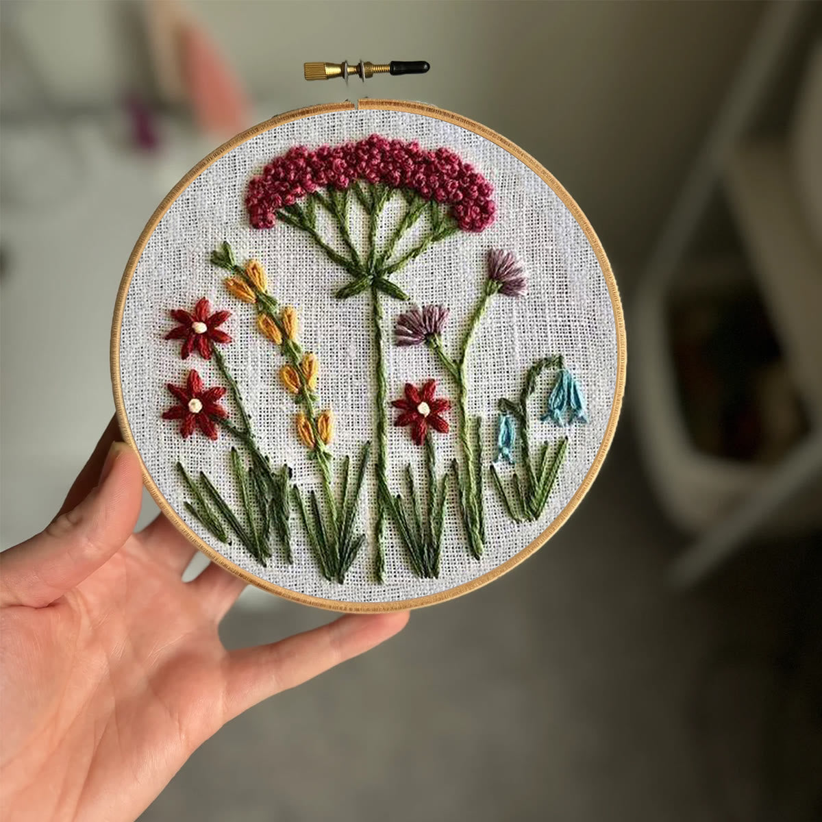 Rubbyoo Embroidery Kit- Red Floral  Pattern | Embroidery Kit For Beginner,Modern Embroidery,Cross Stitch
