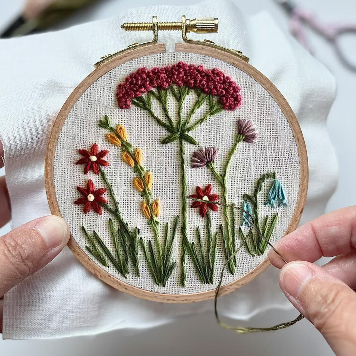 Rubbyoo Embroidery Kit- Red Floral  Pattern | Embroidery Kit For Beginner,Modern Embroidery,Cross Stitch
