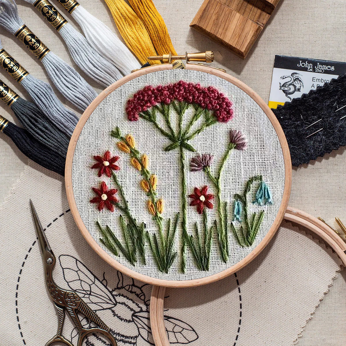 Rubbyoo Embroidery Kit- Red Floral  Pattern | Embroidery Kit For Beginner,Modern Embroidery,Cross Stitch