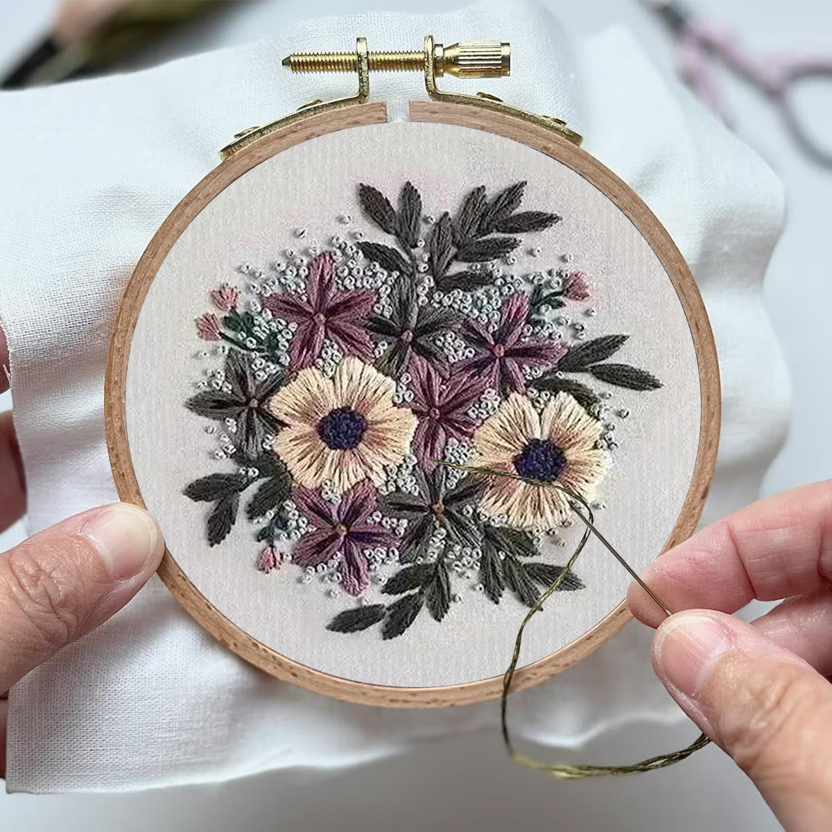 Rubbyoo Embroidery Kit- Purple Flower Design | Diy Craft Kits,Hand Stitch,For Craft Lover