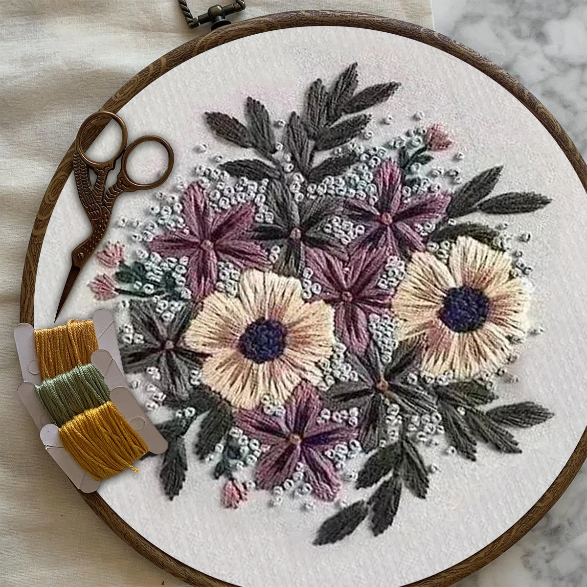 Rubbyoo Embroidery Kit- Purple Flower Design | Diy Craft Kits,Hand Stitch,For Craft Lover