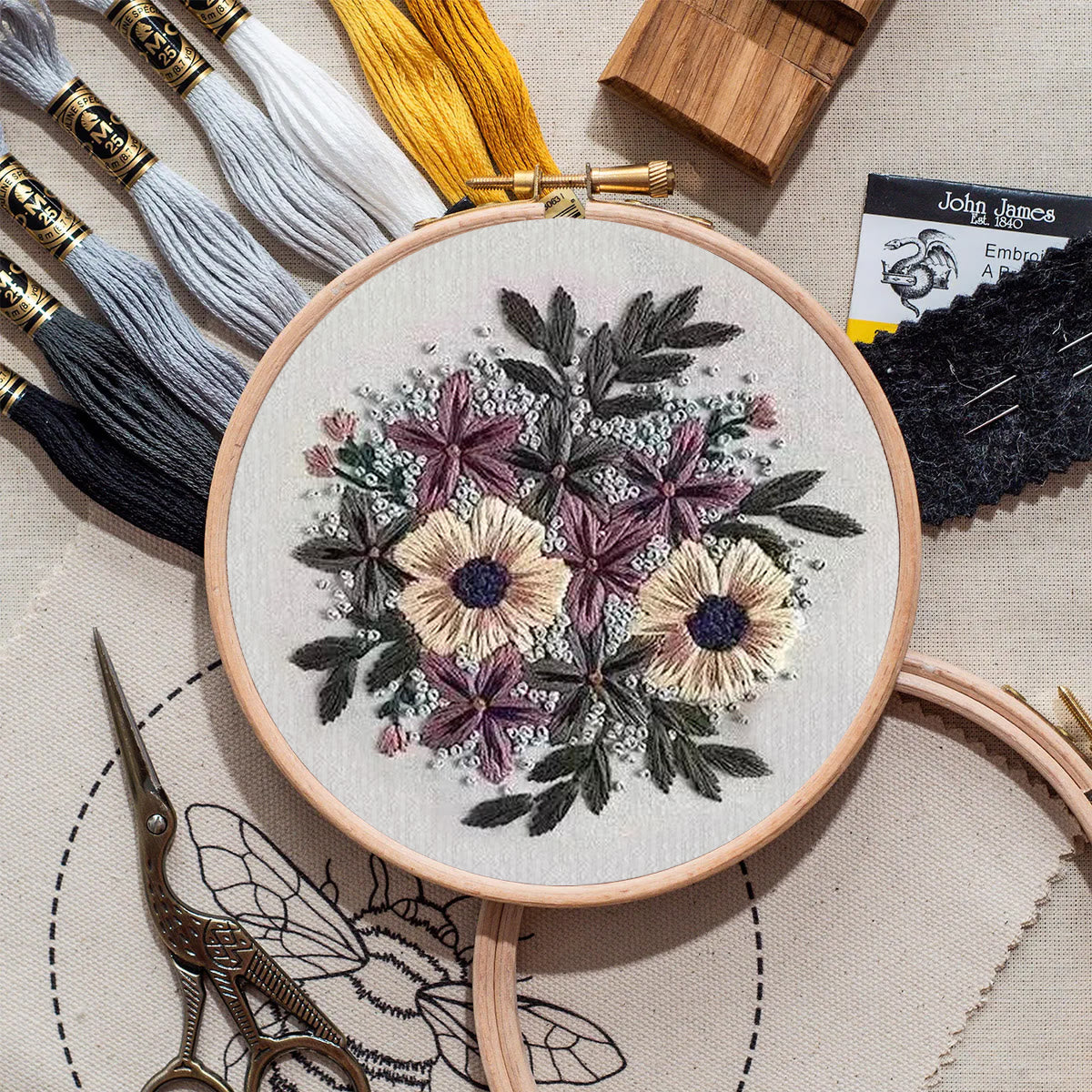Rubbyoo Embroidery Kit- Purple Flower Design | Diy Craft Kits,Hand Stitch,For Craft Lover