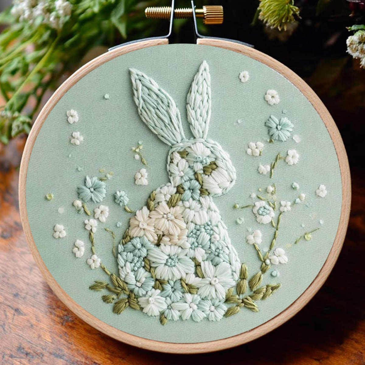 Rubbyoo Embroidery Kit - Bunny With Floral | Hand Stitch Gift