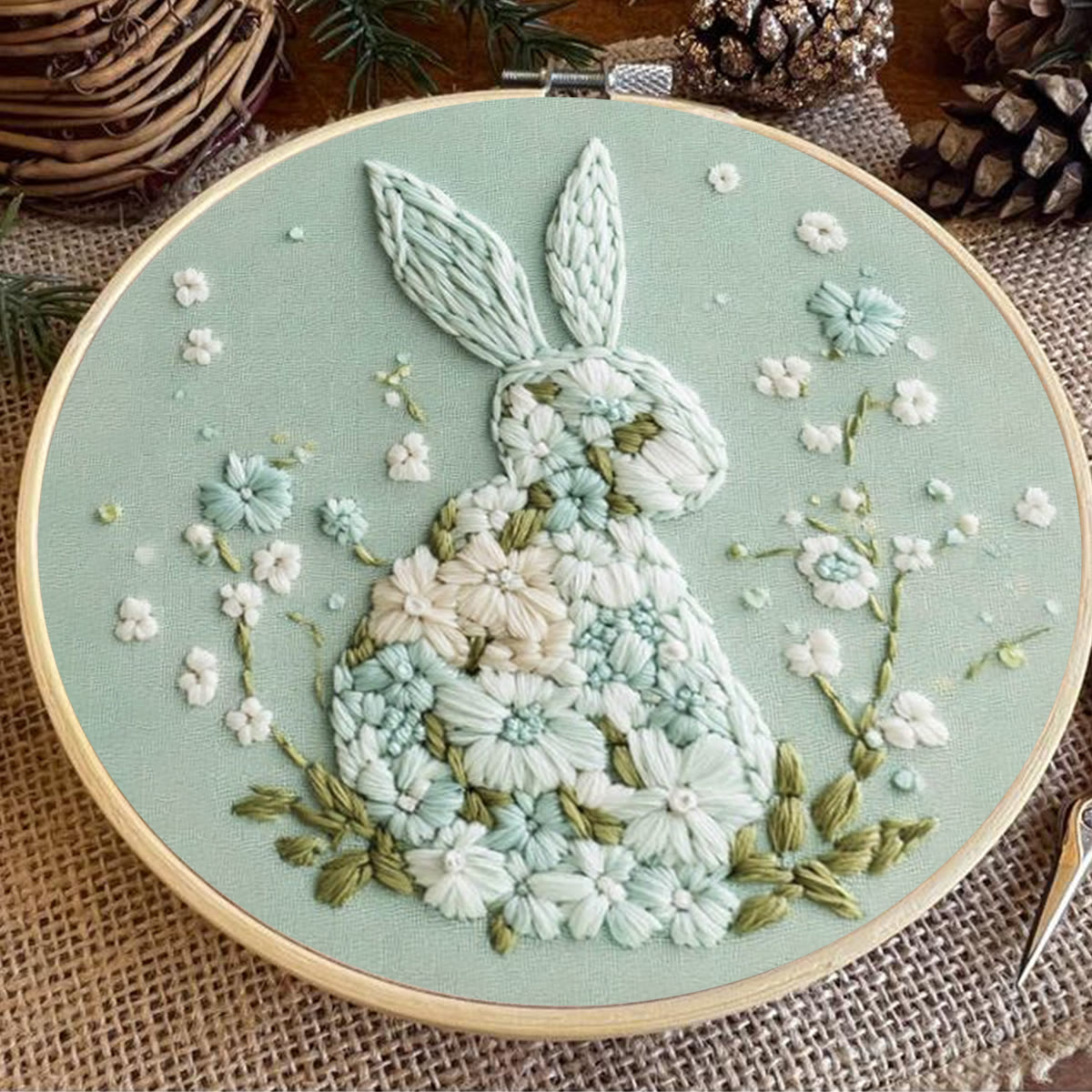 Rubbyoo Embroidery Kit - Bunny With Floral | Hand Stitch Gift
