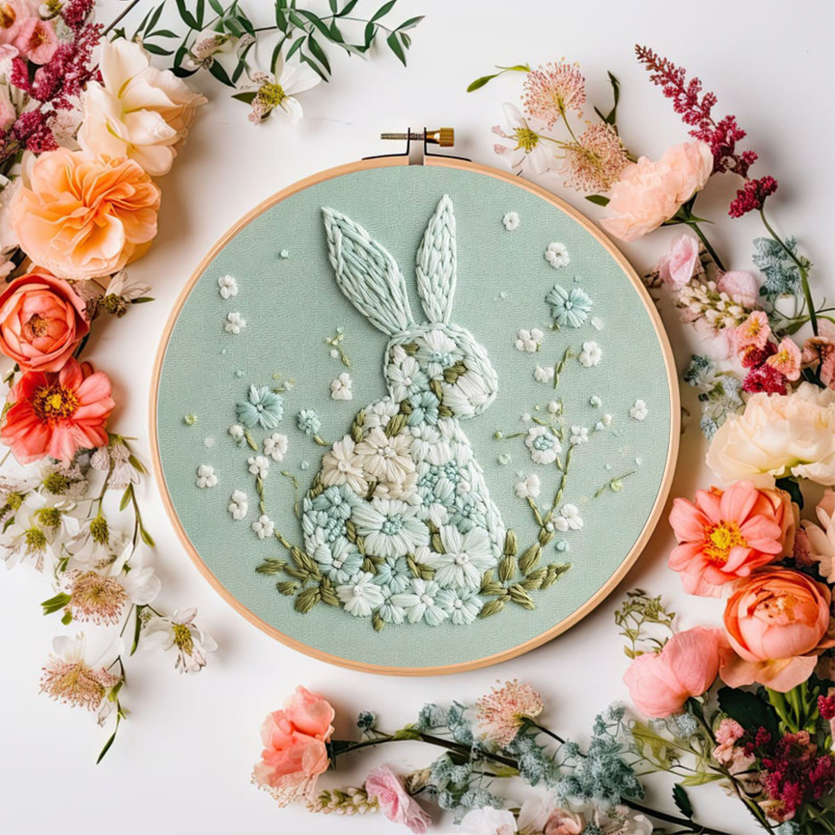 Rubbyoo Embroidery Kit - Bunny With Floral | Hand Stitch Gift