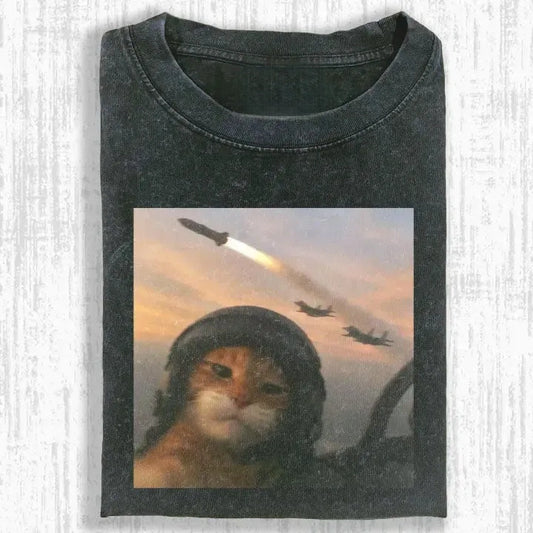Wacky Pilot Cat in Fighter Jet T-shirt