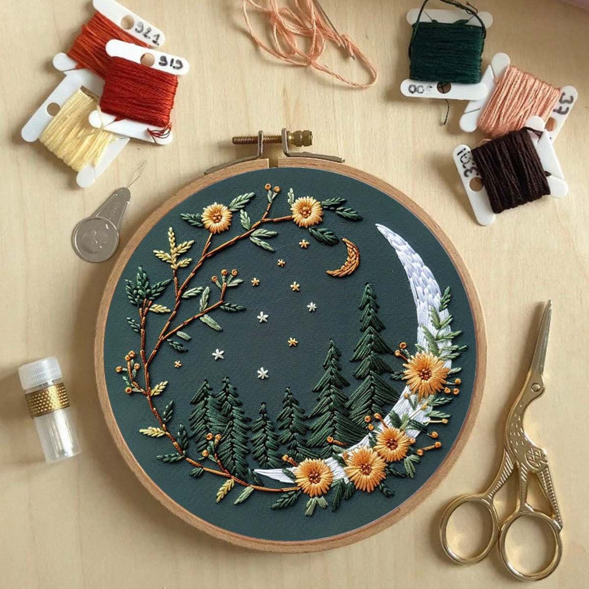Rubbyoo Embroidery Kit - Moonlit Meadow | DIY Craft Kits For Craft Lover